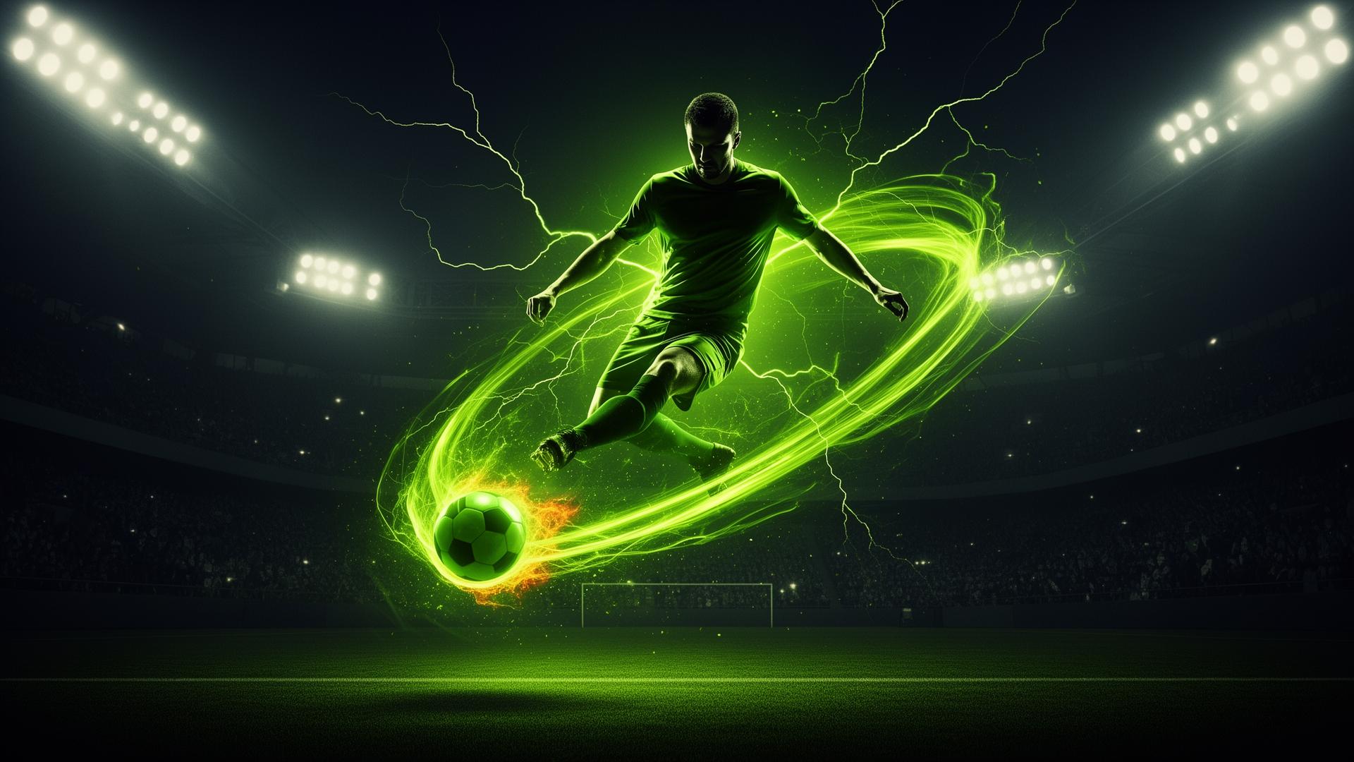 Footballer kicking ball wrapped in neon green energy